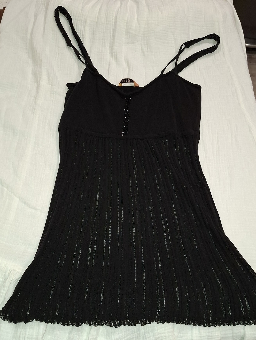 Black Spaghetti Strap Pleated Knit Tank Top
